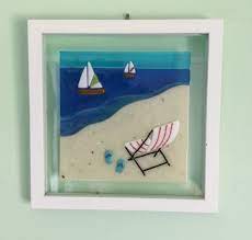 Fused Glass Beach Scene Framed Fused Glass Art Beach Chair 8x8 Floating Frame Created By Patricia Glass Art Projects Fused Glass Art Glass Fusion Ideas