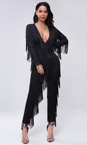 Best Of Times Black Fringe Tassel Long Sleeve Plunge V Neck Skinny Bodycon Jumpsuit Jumpsuits For Women Curvy Jumpsuits Dance Costume Women