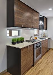 Grey Walls And A Touch Of Green Decor Accent The Walnut Cabinets In This Modern Galley Kitchen Kitchen Remodel Small Kitchen Design Small Kitchen Remodel
