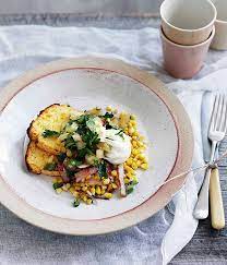 Poached Egg With Cornbread Corn And Bacon Hash And Green Tomato Relish Tomato Relish Brunch Recipes Green Tomato Relish