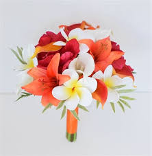Orange Tropical Bouquet Of Natural Touch Lilies Callas And Plumerias Silk Wedding Flowers Diy Wedding Flowers Beach Wedding Flowers Cheap Wedding Flowers