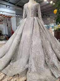 Arabic Silver Grey Glitter Deep V Neck Long Sleeve Wedding Gown Long Sleeve Wedding Gowns Wedding Gowns With Sleeves Silver Wedding Dress