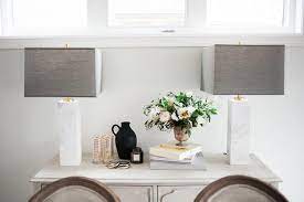 We sell and deliver premium quality home furniture & lighting right to your doorstep. Light Gray French Buffet Cabinet With Elte Marble Column Table Lamps Transitional Dining Room