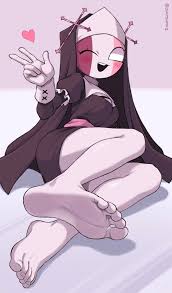 oyatsu (mk2), sarvente (friday night funkin), friday night  funkin, habit, highres, 1girl, ;d, artist name, barefoot, coat, feet,  female focus, looking at viewer, nun, one eye closed, open mouth, sitting,  smile, soles,