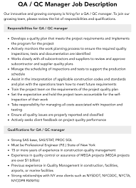 Qa / Qc Manager Job Description | Velvet Jobs