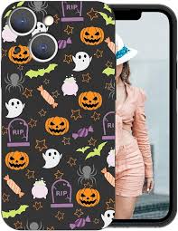 FOQENCCI Capa de celular de Halloween compatível com iPhone 15 TPU macio  antiamarelamento + proteção de moldura de câmera preta à prova de choque  com estampa de aranha doce abóbora fantasma caveira |