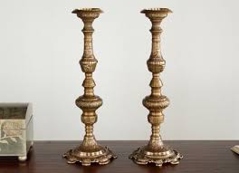 Large and unique scrolled wire candle sconce. Pair Of Antique Brass Ornate Candle Holders