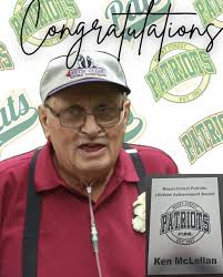 Tonight we would like to recognize Ken McLellan, with the Lifetime  Achievement Award. Ken has been a supporter for the Mount Forest Patriots  for the past 37 years, since beginning in 1987.