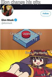 Yüksek profilli twitter kullanıcıları arasında olan elon musk, türkiye saati ile 01:30'da doğrulanmış şahsi hesabından şu tweet'i attı tweet'de animeyi sevdiğini söyleyen musk ardından tweet'ine bir ekleme yaptı ve bitcoin logosu barındıran bir anime karakterini paylaştı. Anime Irl On Twitter Elon Musk Isn T Alone Anymore Https T Co Y9bbwuqkns