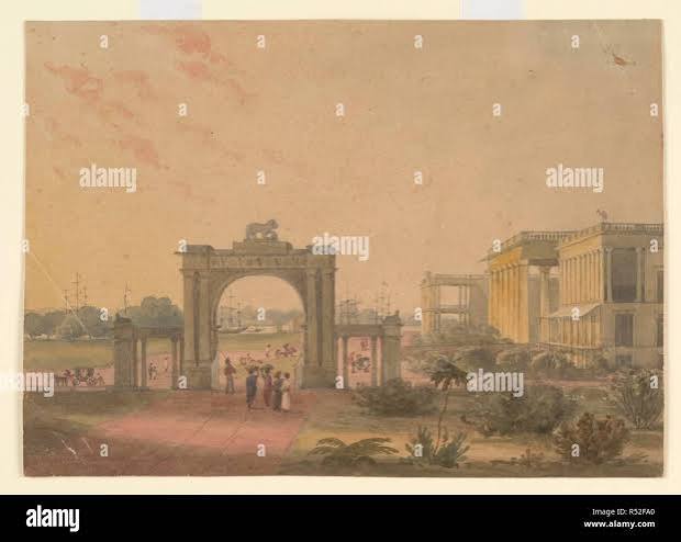 View from the garden of Government House, Calcutta, with the south-west gateway in the foreground and Chandpal Ghat and the River Hooghly in the distance. View from the garden of Government House,