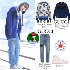 Spring Day Music Video Special Taehyung Is Wearing Gucci Embroidered Butterfly Jeans 950 All Stars White Sacai Pineapple Jumper Pakaian Wanita Pakaian Wanita