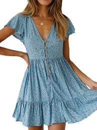 Light blue wedding color ideas for spring summer wedding. Floral Summer Dress V Neck Print Light Sky Blue Button Beach Dress Milanoo Com