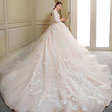 Schone Champagner Brautkleider 2018 Ballkleid Applikationen Schleife Rundhalsausschnitt Lange Armel Konigliche Schleppe Hochzeit