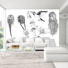 Un papier peint graphique noir et blanc. Original Design Wallpaper D247b Cheveux Et Oiseau Noir Sur Blanc In Creation Panoramic Non Woven