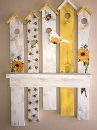 Yellow And White Birdhouse Wall Decor With Shelf Bird Wall Decor Wooden Crafts Wood Pallet Wall