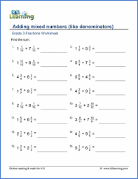 Adding 3 improper fractions with same denominator Grade 3 Fractions Worksheet Add Mixed Numbers With Like Denominators K5 Learning