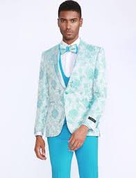 Mens royal blue and gold tuxedo. Aqua Tuxedo With Floral Pattern Four Piece Set