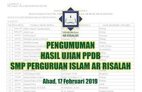Hal itu dibenarkan ketua panitia ppdb online sumbar suryanto. Pengumuman Hasil Ujian Ppdb Smp Perguruan Islam Ar Risalah Tp 2019 2020