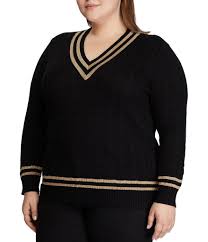 Black And Gold Sweater Plus Size V Neck Metallic Cricket Cotton Blend Sweater Black Sweaters Ralph Lauren Plus Size Sweaters