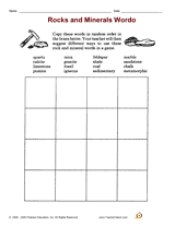 Rocks are made up of many tiny pieces of a b c d wood minerals metal tin if you hit a large rock with a hammer and break it into hundreds of pieces, the pieces would a b c d still be made of the same minerals include some new. Rocks And Minerals Wordo Printable 2nd 3rd Grade Teachervision