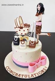 Baby Born Theme Customized Designer Fondant Cake With Excited 3d Mom Figure Standing On 1 Leg And Shopping With Born Bab Fondant Cakes Birthday Cake Girl Cakes