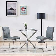 Get 5% in rewards with club o! Buy Modern Dining Table Chairs Set Round Table With Clear Tempered Glass Top 2 Grey Faux Leather Dining Chairs Set For 2 Person Kitchen Dining Room Table And Chairs Set For Home 1 Table 2
