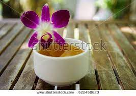 Violet Dendrobium Orchid Flower Beside A Jasmine Ceramic Tea Cup On Wooden Table With Bright Background Leaf Vegetable Ceramic Tea Cup Orchid Flower