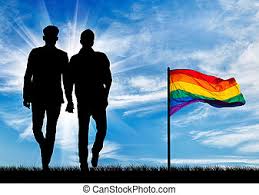 Silhouette of two gay men walking holding hands on top. | CanStock