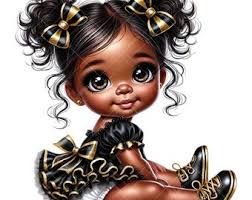 Black and Gold Afro Baby Girl Clipart: Ruffle Pants Tutu (PNG)