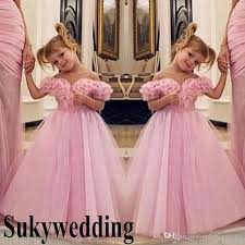 Off Shoulder Birthday Party Dresses For Adults Lovely Pink Flower Girl Dresses For Weddings Ruffles Tulle A Line Girls Pageant Gowns Off Shoulder Floor Length Child Birthday Party Dress Flower Girl Dre Cumple