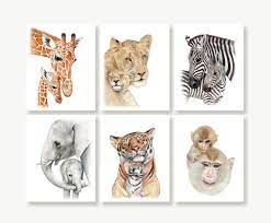 Zoo Safari Animals With Babies Mother And Baby Art Etsy In 2021 Baby Animal Painting Nursery Animal Prints Baby Art