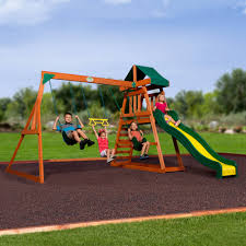 Sand box with a swing set ladder and climbing wall to reach the raised, rectangular play fort with tarp canopy. Backyard Discovery Prescott Cedar Wooden Swing Set Walmart Com Walmart Com