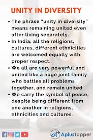 Unity In Diversity Speech Speech On Unity In Diversity For Students And Children In English A Plus Topper Unity in diversity is a concept which signifies unity among individuals who have certain differences among them. unity in diversity speech speech on