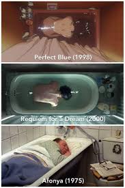 The famous bathtub shot from Darren Aronofskys “Requiem for a Dream”  (2000), often said to be inspired by Satoshi Kons “Perfect Blue” (1997),  was actually the homage to the Soviet classic “Afonya” (