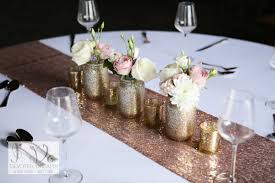 A Little Sparkly Table Decor With A Rose Gold Sequin Table Runner Gold Glitter Jars Rose Gold Wedding Table Gold Sequin Table Runner Wedding Rose Gold Theme
