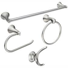 Update your kitchen or bathroom with modern moen plumbing fixtures designed to bring form and complete the look with moen accessories in contemporary and classic styles to complement your. Moen Darcy 4 Piece Press And Mark Bath Set With 24 In Towel Bar Towel Ring Paper Holder And Robe Hook In Brushed Nickel My15kitbn The Home Depot