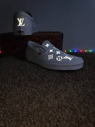 Black And White Custom Vans Slip Ons Lv Reflective Vans Slip Ons Vibes Custom Vans Shoes Vans Shoes Fashion Vans