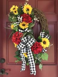 Black And White Checkered Ribbon Wreath Sunflower Wreath Black And White Buffalo Check Spring Flower Wreath Sunflower Wreaths Sunflower Burlap Wreaths