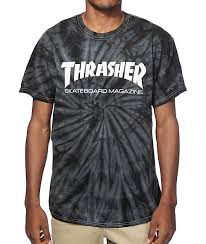 Black And White Tie Dye T Shirt A Black And Grey Spider Tie Dye Wash Is Accented With A White Thrasher Skateboard Magazine Logo Graphic Printed On Thrasher Shirt Tie Dye T Shirts Dye T Shirt
