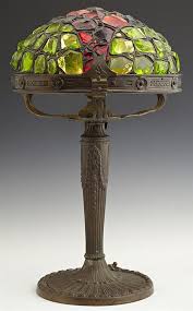 Both antique and reproduction shades sometimes contain small bubbles. Patinated Spelter Chunk Glass Lamp C 1910 Probably Austrian The Leaded Shade Within A Relief Decorated Art Glass Lamp Art Glass Lighting Art Nouveau Lamps