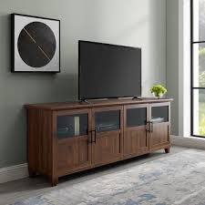 Welwick Designs Dark Walnut Tv Stand With Glass And Wood Panel Doors For Tv S Up To 78 In Hd8121 Tv Cabinets With Doors Walnut Tv Stand Tv Cabinets