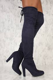 Navy Round Toe Chunky Ami Clubwear Thigh High Boots Faux Suede