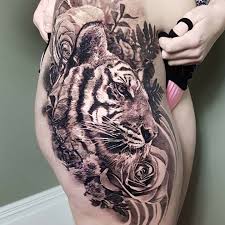 Black And White Realism Tattoo Tiger Black And White Realistic By Nick Noonan At Left Hand Path Tattoos Christchurch New Zealand Hip Tattoos Women Thigh Tattoos Women Tiger Tattoo Thigh
