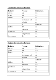 Backen backt / bäckt backte hat gebacken beginnen beginnt begann hat begonnen beißen beißt biss hat gebissen beweisen beweist bewies hat bewiesen bewerben bewirbt bewarb hat beworben biegen biegt bog hat / ist gebogen bieten bietet bot hat geboten binden bindet band hat gebunden Ubungen Zeitformen Verben Unterrichtsmaterial In Den Fachern Daz Daf Deutsch Prateritum Verben Ubungen