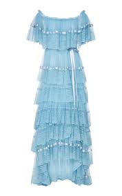 It's beach to bed in our malin set, new in airy cotton with pintucking and contrast dot and floral lace. Loveshackfancy Fabia Ruffled Tulle Maxi Dress In Blue Modesens