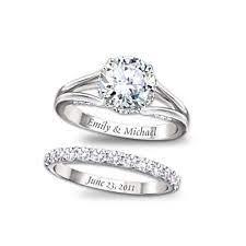 Diamonesk Bridal Ring Set With Engraved Names And Date Personalized Wedding Rings Wedding Rings Bridal Ring Set