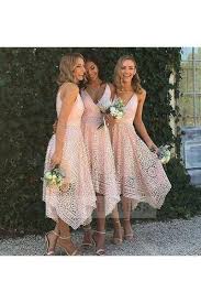 Unique Pink High Low Lace V Neck Bridesmaid Dress Bridesmaid Lace Bridesmaids Bridesmaid Dresses