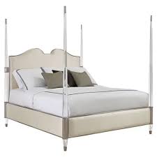 The headboard and footboard have three inlaid panels to add a dimensional element. Caracole The Post Is Clear Modern Classic Acrylic Beige Upholstered Four Poster Bed King King Kathy Kuo Home