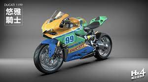第二弹ducati 1199 悠雅騎士 針對ducati 1199 我們特別嘗試歐美 復古色調來搭配 打破舊有高雅紅色 以展現鮮明與活躍感為主 故採用大色塊顏色對比及線條律動感 使外型更具親和力與年輕化 在視覺焦點中心 則使用珠光綠烤漆 讓 車體在旭日 ducati 1199 ducati racing