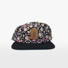 Fischer 1929 floral print 5 panel cap with suede peak. Black Floral 5 Panel Hat Stone Creek Coffee